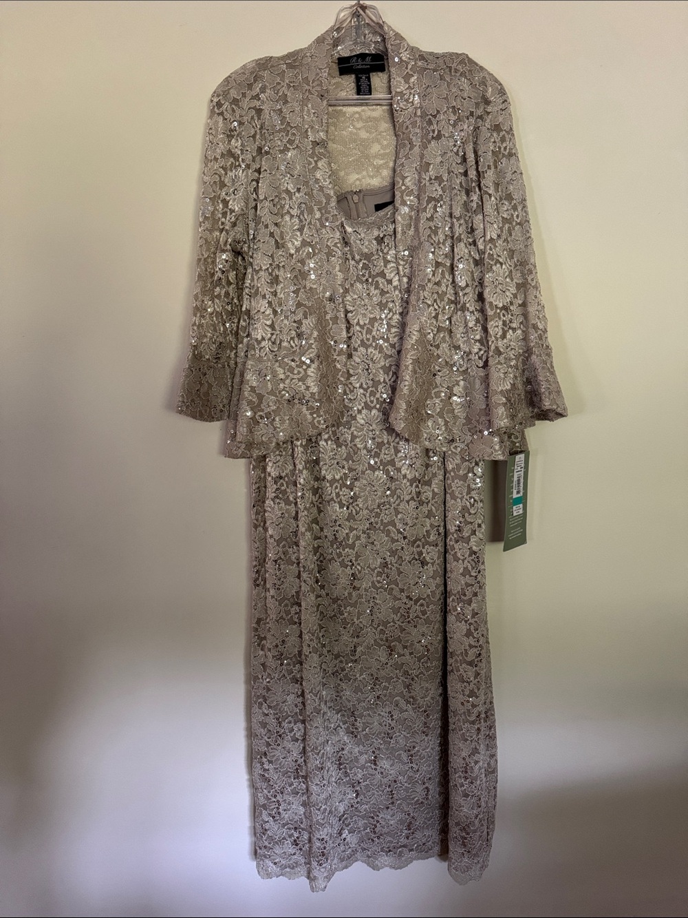 R & M Collection Champagne Lace Long Sleeve Evening Dress with Jacket